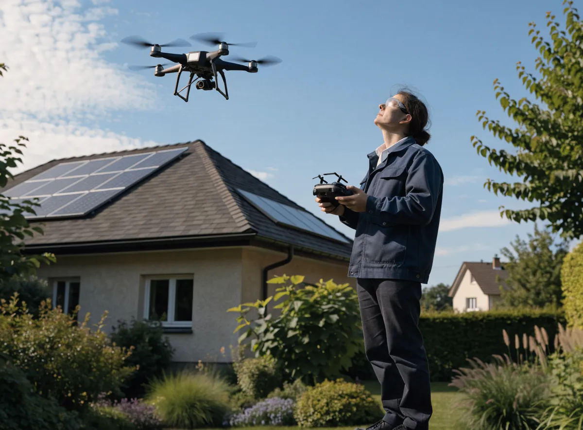 Technik řídí dron nad střechou s fotovoltaikou