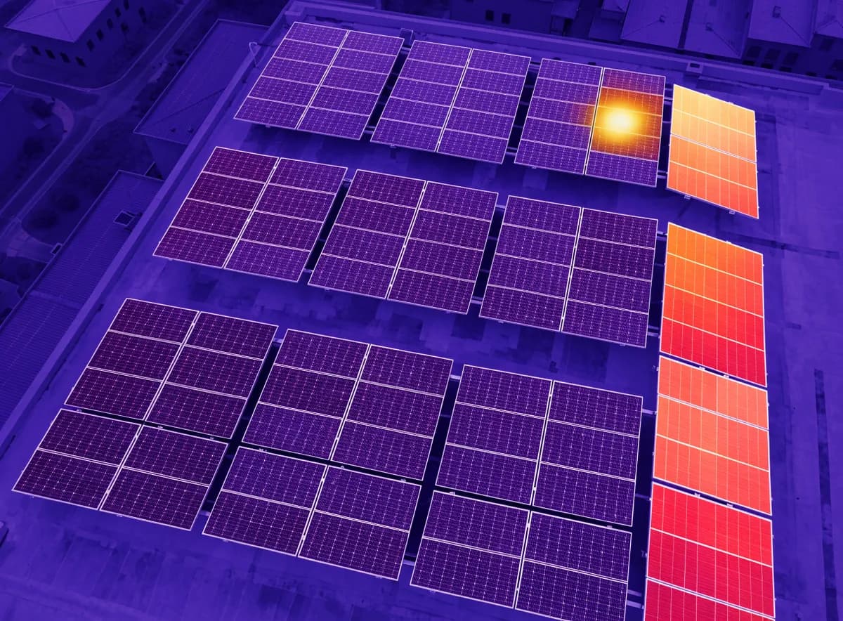 Termosnímek panelů – přehřátý článek svítí na první pohled