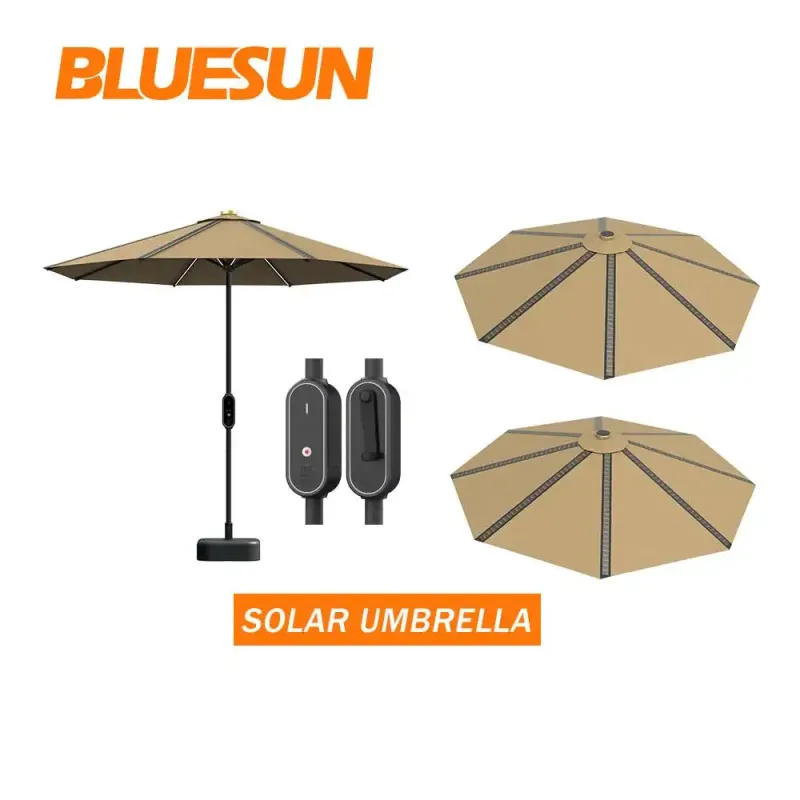 Solární kulatý deštník Bluesun. Slunečníky s USB nabíječkou a LED osvětlením.